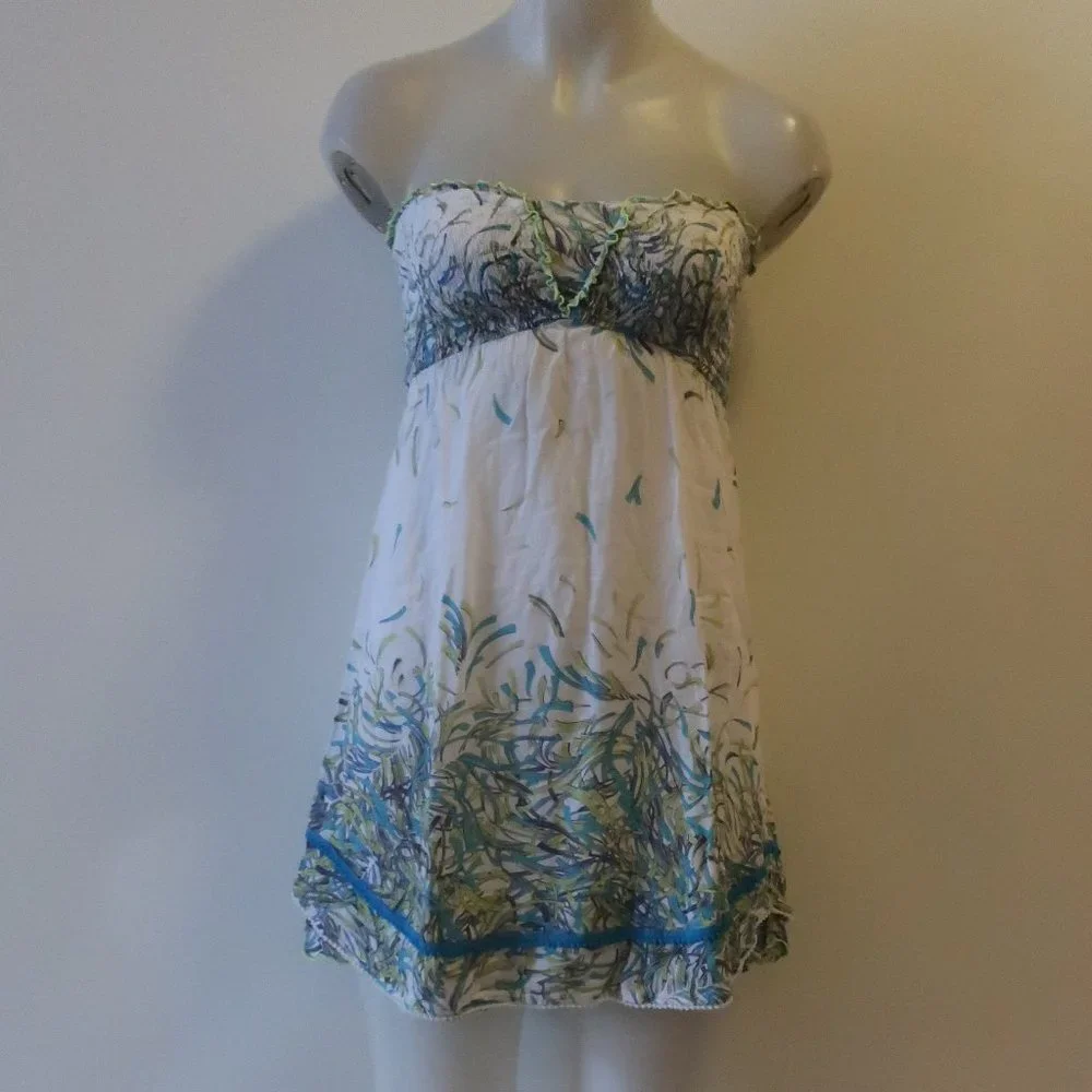 Poupette St. Barth Strapless White and Green Coverup - Picture 1 of 9